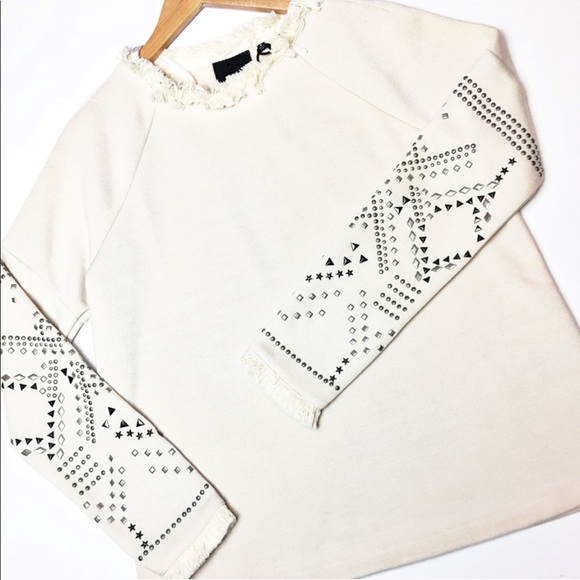 0213 Nanette Lepore cute fringe beige sweater with stones  in sleeves sz M - Picture 1 of 4